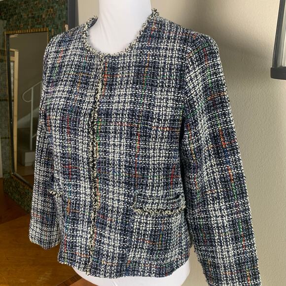 Hayden Size M Tweed Cropped Blazer Jacket Black White Fringe Trim Preppy Career - Picture 2 of 9